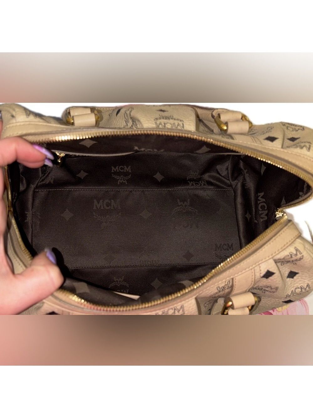 MCM Cream Satchel Bag with Monogram Design - Picture 10 of 16
